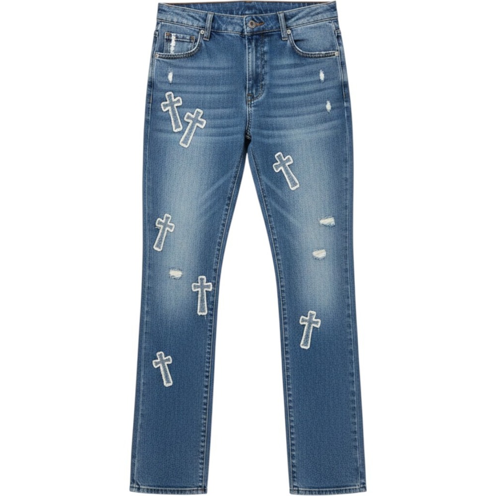Women's Austin Landing Studded Embroidered Cross Jeans W30 mid rise frayed hem